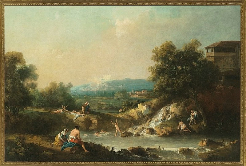Un paesaggio fluviale con bagnanti
